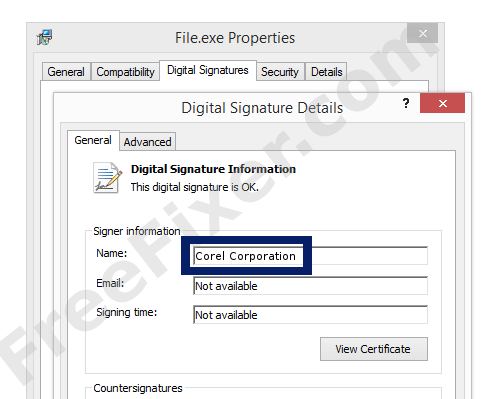 Screenshot of the Corel Corporation certificate